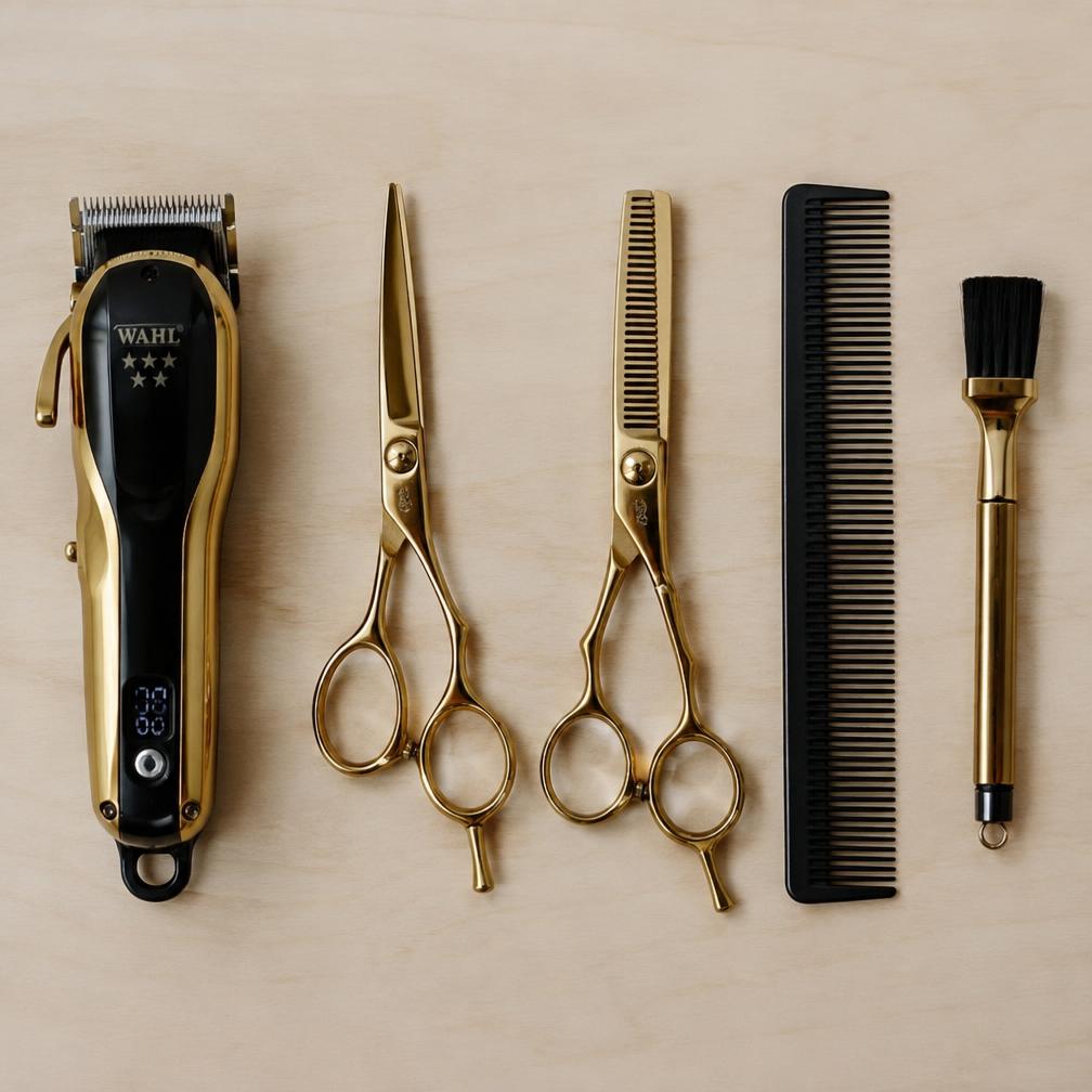 Barber tools laid out on a counter